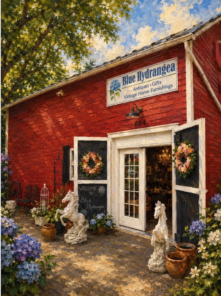 Painting of The Blue Hydrangea Restored Red Barn in Purcellville VA